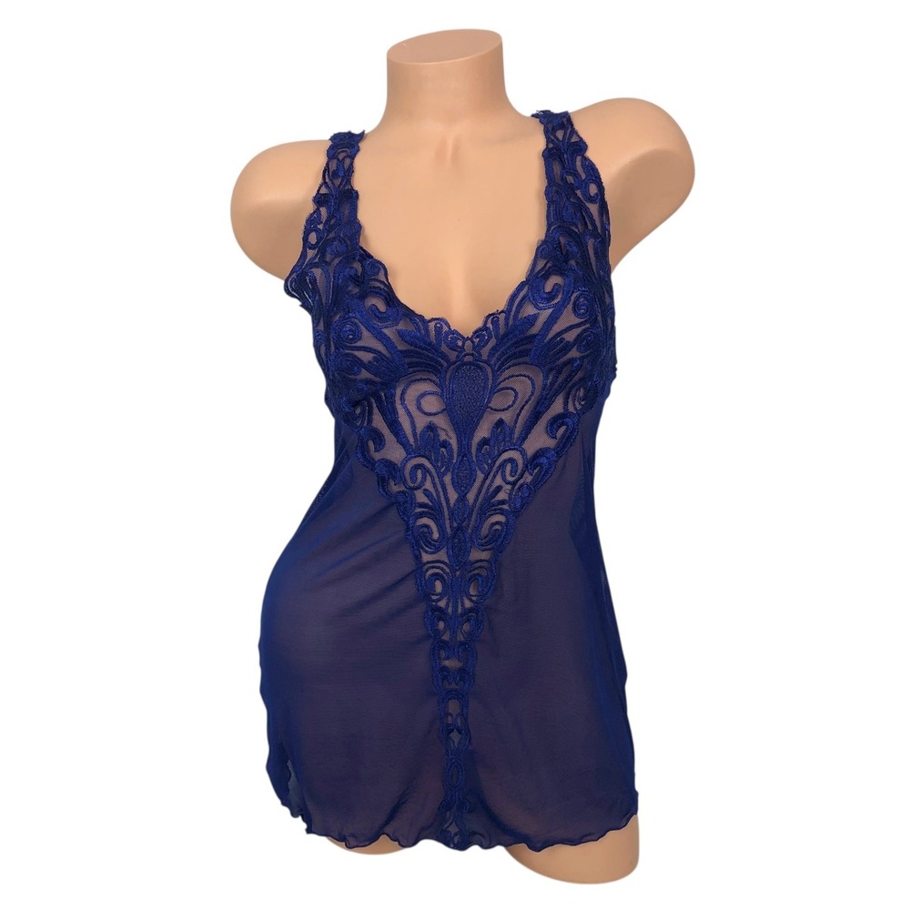 Oh La La Cheri Sheer Lace Mesh Babydoll Chemise Slip Dress Nightgown Size L Blue
